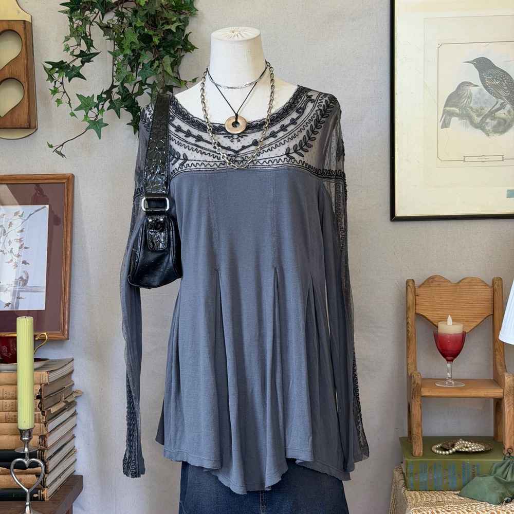 Free People Gray Embroidered Viscose Tunic Lace Trim Whimsygoth Boho L Sheer